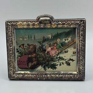 VTG Christmas Edition Picture Postcard in silver-plated Frame decor 3.5X4” retro
